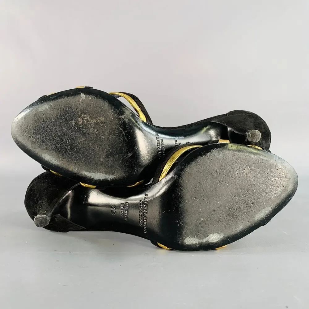 RALPH LAUREN 6 Black Metallic Gold Suede Leather Strappy Ankle Strap Sandals